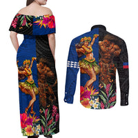 Hawaii and Samoa Together Couples Matching Off Shoulder Maxi Dress and Long Sleeve Button Shirt Samoan Warrior and Beauty Hula Girl LT03 - Polynesian Pride