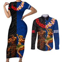 Hawaii and Samoa Together Couples Matching Short Sleeve Bodycon Dress and Long Sleeve Button Shirt Samoan Warrior and Beauty Hula Girl LT03 Black - Polynesian Pride