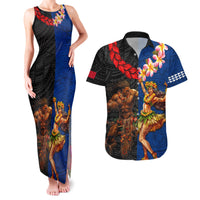 Hawaii and Samoa Together Couples Matching Tank Maxi Dress and Hawaiian Shirt Samoan Warrior and Beauty Hula Girl LT03 Black - Polynesian Pride