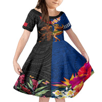 Hawaii and Samoa Together Family Matching Tank Maxi Dress and Hawaiian Shirt Samoan Warrior and Beauty Hula Girl LT03 Daughter's Dress Black - Polynesian Pride