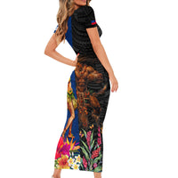 Hawaii and Samoa Together Short Sleeve Bodycon Dress Samoan Warrior and Beauty Hula Girl LT03 - Polynesian Pride