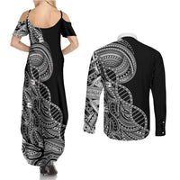 Samoan DNA Art Tattoo Couples Matching Summer Maxi Dress and Long Sleeve Button Shirt Polynesian Pattern Black Color