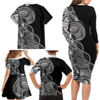 Samoan DNA Art Tattoo Family Matching Long Sleeve Bodycon Dress and Hawaiian Shirt Polynesian Pattern Black Color LT03 - Polynesian Pride