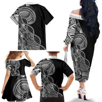 Samoan DNA Art Tattoo Family Matching Off The Shoulder Long Sleeve Dress and Hawaiian Shirt Polynesian Pattern Black Color LT03 - Polynesian Pride