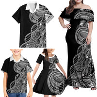 Samoan DNA Art Tattoo Family Matching Off Shoulder Maxi Dress and Hawaiian Shirt Polynesian Pattern Black Color LT03 - Polynesian Pride