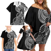 Samoan DNA Art Tattoo Family Matching Off Shoulder Short Dress and Hawaiian Shirt Polynesian Pattern Black Color LT03 - Polynesian Pride