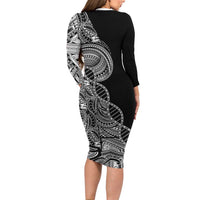 Samoan DNA Art Tattoo Long Sleeve Bodycon Dress Polynesian Pattern Black Color
