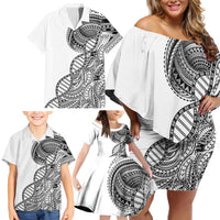 Samoan DNA Art Tattoo Family Matching Off Shoulder Short Dress and Hawaiian Shirt Polynesian Pattern White Color LT03 - Polynesian Pride