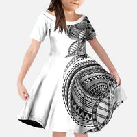 Samoan DNA Art Tattoo Kid Short Sleeve Dress Polynesian Pattern White Color