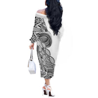 Samoan DNA Art Tattoo Off The Shoulder Long Sleeve Dress Polynesian Pattern White Color