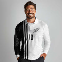 Custom New Zealand Football Long Sleeve Polo Shirt Silver Fern and Maori Tribal Black White Half Sporty Style LT03 - Polynesian Pride