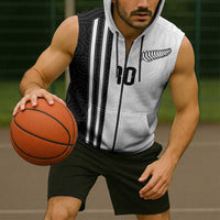 Custom New Zealand Football Sleeveless Zip Hoodie Silver Fern and Maori Tribal Black White Half Sporty Style LT03 - Polynesian Pride