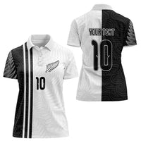 Custom New Zealand Football Women Polo Shirt Silver Fern and Maori Tribal Black White Half Sporty Style LT03 - Polynesian Pride