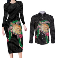 Hawaii Pikake and Maile Lei Couples Matching Long Sleeve Bodycon Dress and Long Sleeve Button Shirt Honu Polynesian Pattern Black Color