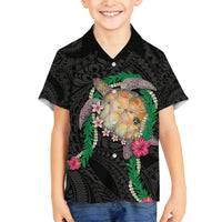 Hawaii Pikake and Maile Lei Family Matching Puletasi and Hawaiian Shirt Honu Polynesian Pattern Black Color LT03 Son's Shirt Black - Polynesian Pride