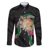 Hawaii Pikake and Maile Lei Family Matching Short Sleeve Bodycon Dress and Hawaiian Shirt Honu Polynesian Pattern Black Color