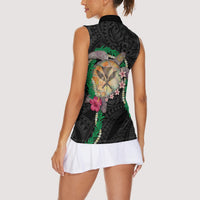 Hawaii Pikake and Maile Lei Women Sleeveless Polo Shirt Honu Polynesian Pattern Black Color