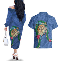 Hawaii Pikake and Maile Lei Couples Matching Off The Shoulder Long Sleeve Dress and Hawaiian Shirt Honu Polynesian Pattern Blue Color