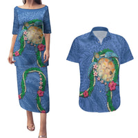 Hawaii Pikake and Maile Lei Couples Matching Puletasi and Hawaiian Shirt Honu Polynesian Pattern Blue Color