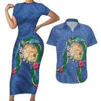 Hawaii Pikake and Maile Lei Couples Matching Short Sleeve Bodycon Dress and Hawaiian Shirt Honu Polynesian Pattern Blue Color LT03 Blue - Polynesian Pride