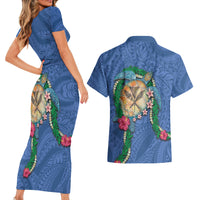 Hawaii Pikake and Maile Lei Couples Matching Short Sleeve Bodycon Dress and Hawaiian Shirt Honu Polynesian Pattern Blue Color LT03 - Polynesian Pride