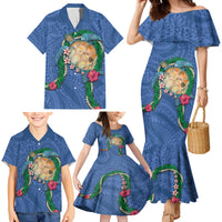 Hawaii Pikake and Maile Lei Family Matching Mermaid Dress and Hawaiian Shirt Honu Polynesian Pattern Blue Color LT03 - Polynesian Pride