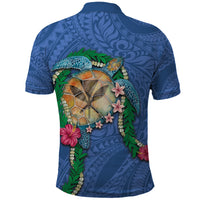 Hawaii Pikake and Maile Lei Polo Shirt Honu Polynesian Pattern Blue Color