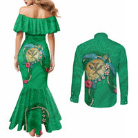 Hawaii Pikake and Maile Lei Couples Matching Mermaid Dress and Long Sleeve Button Shirt Honu Polynesian Pattern Green Color