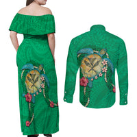 Hawaii Pikake and Maile Lei Couples Matching Off Shoulder Maxi Dress and Long Sleeve Button Shirt Honu Polynesian Pattern Green Color