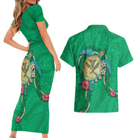 Hawaii Pikake and Maile Lei Couples Matching Short Sleeve Bodycon Dress and Hawaiian Shirt Honu Polynesian Pattern Green Color LT03 - Polynesian Pride