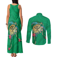 Hawaii Pikake and Maile Lei Couples Matching Tank Maxi Dress and Long Sleeve Button Shirt Honu Polynesian Pattern Green Color