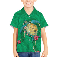 Hawaii Pikake and Maile Lei Family Matching Long Sleeve Bodycon Dress and Hawaiian Shirt Honu Polynesian Pattern Green Color