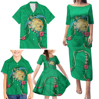 Hawaii Pikake and Maile Lei Family Matching Puletasi and Hawaiian Shirt Honu Polynesian Pattern Green Color LT03 - Polynesian Pride