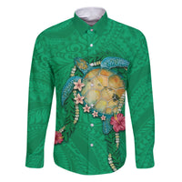 Hawaii Pikake and Maile Lei Family Matching Puletasi and Hawaiian Shirt Honu Polynesian Pattern Green Color LT03 Dad's Shirt - Long Sleeve Green - Polynesian Pride