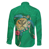 Hawaii Pikake and Maile Lei Family Matching Tank Maxi Dress and Hawaiian Shirt Honu Polynesian Pattern Green Color