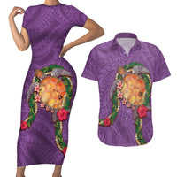 Hawaii Pikake and Maile Lei Couples Matching Short Sleeve Bodycon Dress and Hawaiian Shirt Honu Polynesian Pattern Pink Color LT03 Pink - Polynesian Pride
