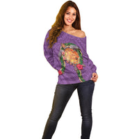 Hawaii Pikake and Maile Lei Off Shoulder Sweater Honu Polynesian Pattern Pink Color