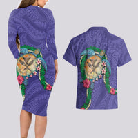 Hawaii Pikake and Maile Lei Couples Matching Long Sleeve Bodycon Dress and Hawaiian Shirt Honu Polynesian Pattern Purple Color