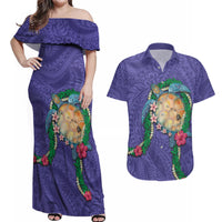 Hawaii Pikake and Maile Lei Couples Matching Off Shoulder Maxi Dress and Hawaiian Shirt Honu Polynesian Pattern Purple Color LT03 Purple - Polynesian Pride