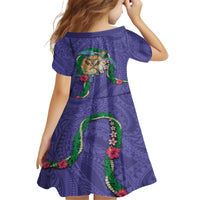 Hawaii Pikake and Maile Lei Kid Short Sleeve Dress Honu Polynesian Pattern Purple Color