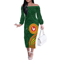 Manu'a Cession Day Family Matching Off The Shoulder Long Sleeve Dress and Hawaiian Shirt Polynesian Pattern LT03 Mom's Dress Green - Polynesian Pride