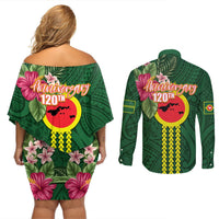 Manu'a Cession Day 120th Anniversary Couples Matching Off Shoulder Short Dress and Long Sleeve Button Shirt Polynesian Pattern and Hibiscus Flower