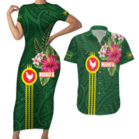 Manu'a Cession Day 120th Anniversary Couples Matching Short Sleeve Bodycon Dress and Hawaiian Shirt Polynesian Pattern and Hibiscus Flower LT03 Green - Polynesian Pride