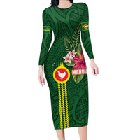 Manu'a Cession Day 120th Anniversary Family Matching Long Sleeve Bodycon Dress and Hawaiian Shirt Polynesian Pattern and Hibiscus Flower LT03 Mom's Dress Green - Polynesian Pride
