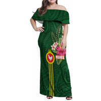 Manu'a Cession Day 120th Anniversary Family Matching Off Shoulder Maxi Dress and Hawaiian Shirt Polynesian Pattern and Hibiscus Flower LT03 Mom's Dress Green - Polynesian Pride