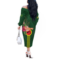 Manu'a Cession Day 120th Anniversary Off The Shoulder Long Sleeve Dress Polynesian Pattern and Hibiscus Flower