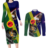 Manu'a Island and American Samoa Couples Matching Long Sleeve Bodycon Dress and Long Sleeve Button Shirt Rooster and Eagle Mascot LT03 Green - Polynesian Pride