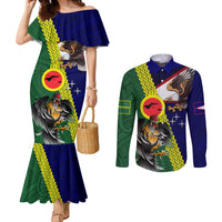 Manu'a Island and American Samoa Couples Matching Mermaid Dress and Long Sleeve Button Shirt Rooster and Eagle Mascot LT03 Green - Polynesian Pride