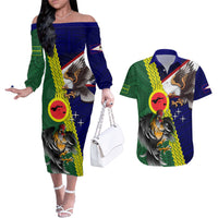 Manu'a Island and American Samoa Couples Matching Off The Shoulder Long Sleeve Dress and Hawaiian Shirt Rooster and Eagle Mascot LT03 Green - Polynesian Pride