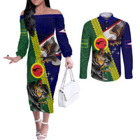 Manu'a Island and American Samoa Couples Matching Off The Shoulder Long Sleeve Dress and Long Sleeve Button Shirt Rooster and Eagle Mascot LT03 Green - Polynesian Pride